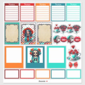 Teal Red Roses Sugar Skulls Set 2 Planner Stickers