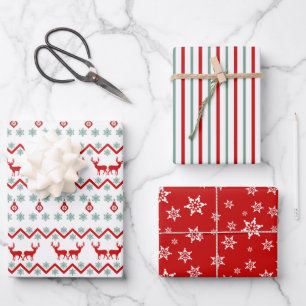 Teal Red Snowflake Reindeer Pattern Wrapping Paper Sheets
