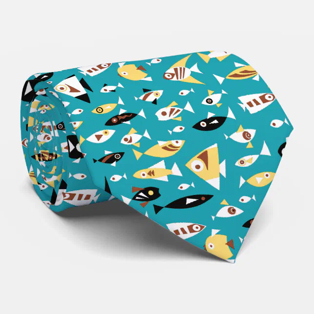 Teal Red Yellow Black White Retro Fish Pattern Tie Zazzle