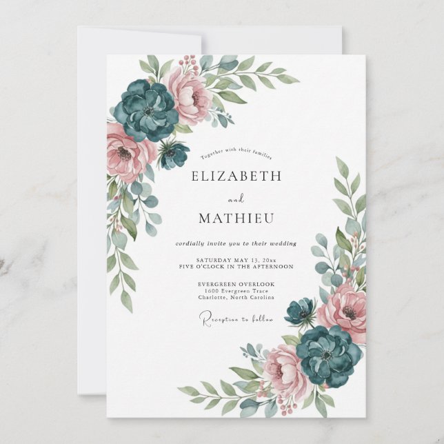Teal Refined Botanical Wedding Invitation (Front)