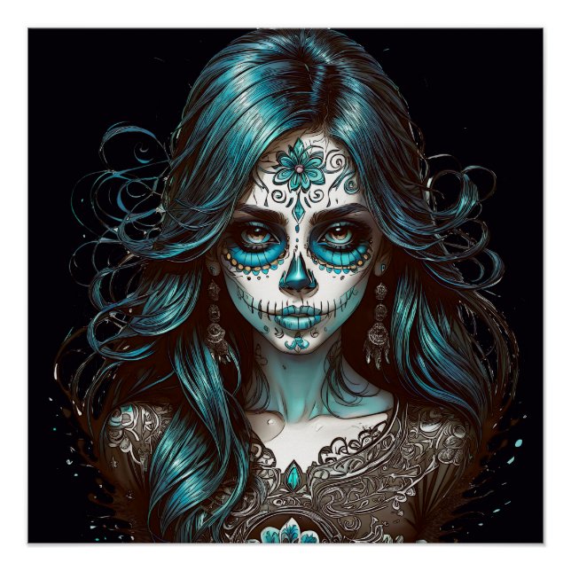 Teal Reflection - Dark Teal Sugar Skull Art Print (Front)