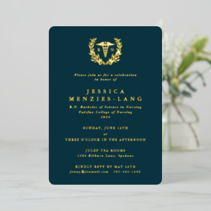 Teal Registered Nurse Caduceus+Laurel Wreath Foil Invitation