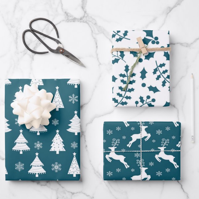 Teal Reindeer, Christmas Tree and Holly Patterns Wrapping Paper Sheets (Front)