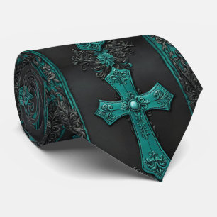 Teal Religious Christian Western Country Cross Neck Tie