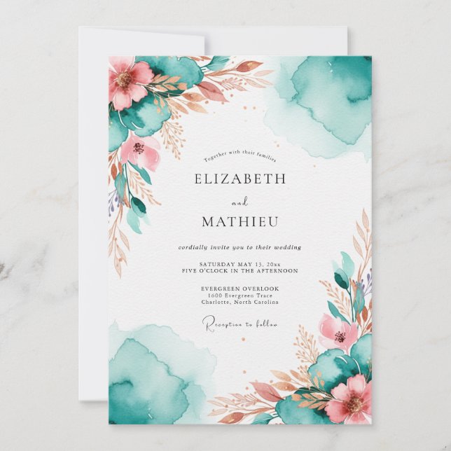 Teal Resplendent Watercolor Wedding Invitation (Front)