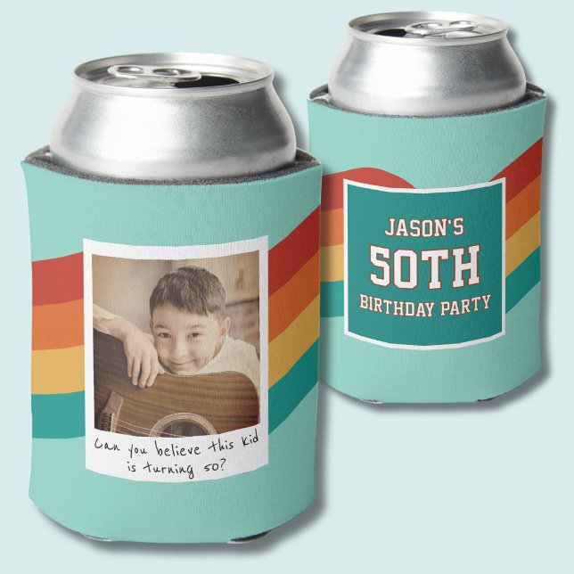 Teal Retro 50th Birthday Photo Can Cooler (Creator Uploaded)