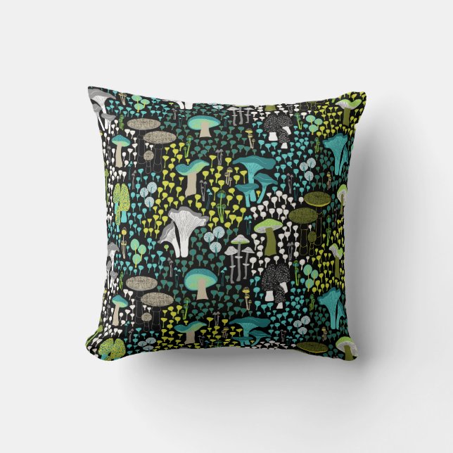 Teal Retro Mushroom Throw Pillow (Front)