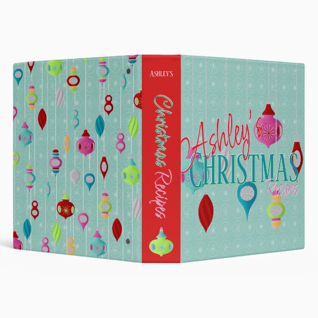 Teal Retro Ornaments Christmas Recipe 3 Ring Binder (Background)