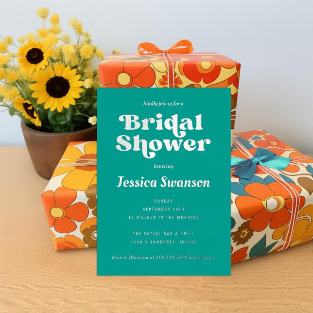 Teal Retro Serif Bridal Shower Silver Foil Invitation (Creator Uploaded)