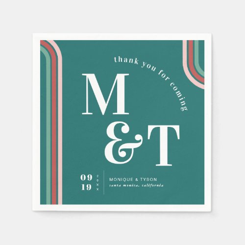 Teal  Retro Seventies Stripes  Wedding Monogram Napkins