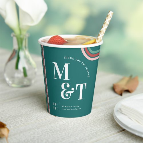 Teal  Retro Seventies Stripes  Wedding Monogram Paper Cups