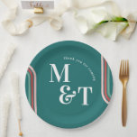 Teal | Retro Seventies Stripes | Wedding Monogram Paper Plates<br><div class="desc">These wedding plates feature seventies stripes and retro typography in a modern monogram layout. Add a fun and festive touch to your celebration with personalized paper plates for weddings, birthdays and other parties. With your table décor being one of the most prominent elements in the look of your wedding reception,...</div>