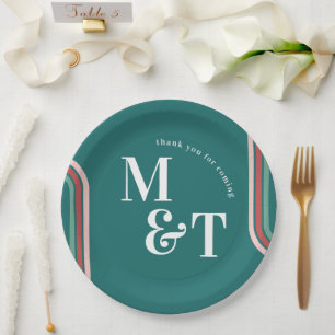 Teal Retro Seventies Stripes Wedding Monogram Paper Plates