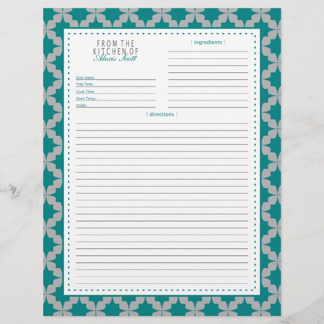 Teal Retro Star Recipe Page (Front)