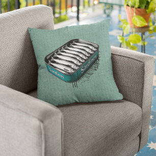 Teal Retro Style Sardine Art Funny Fish Food Throw Pillow