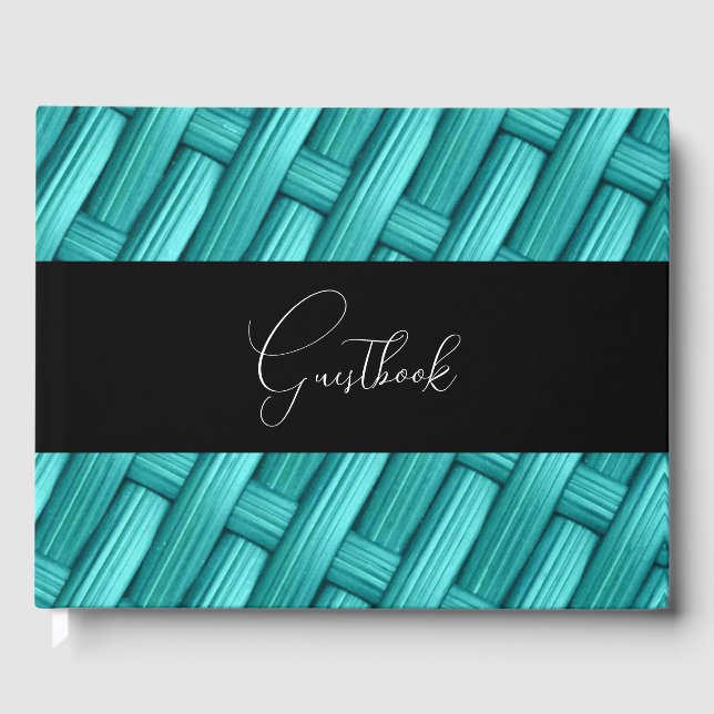 Teal Retro Woven Basket Texture Wedding Guest Book (Front)