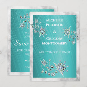 Teal Rhinestone Jewel Marble Border Save The Date