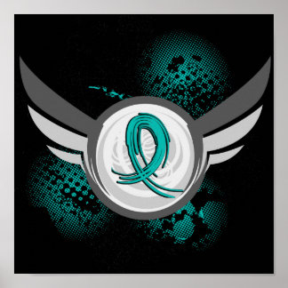 Teal Ribbon And Wings Ovarian Cancer Poster