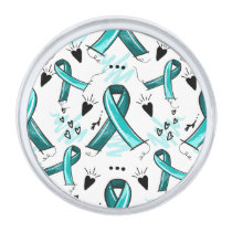 Teal Ribbon Awareness Seamless Pattern Silver Finish Lapel Pin