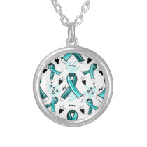 Teal Ribbon Awareness Seamless Pattern Silver Plated Necklace