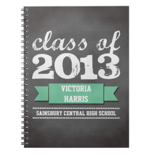 Teal ribbon banner chalkboard graduation student notebook