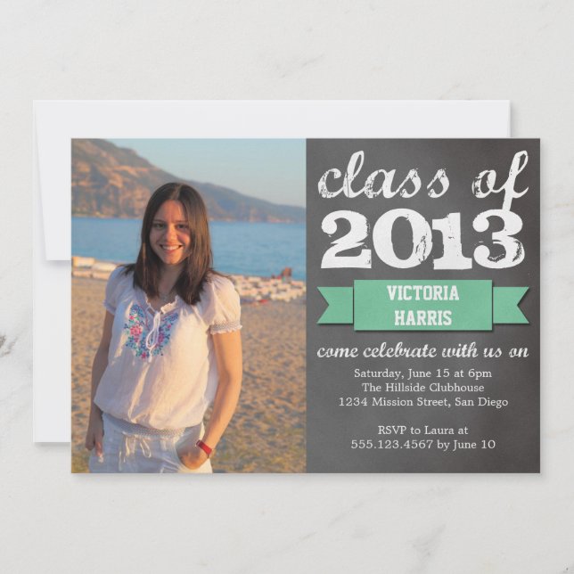 Teal ribbon banner chalkboard photo graduation invitation (Front)