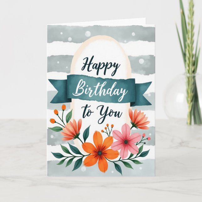 Teal Ribbon Birthday Note Card (Front)