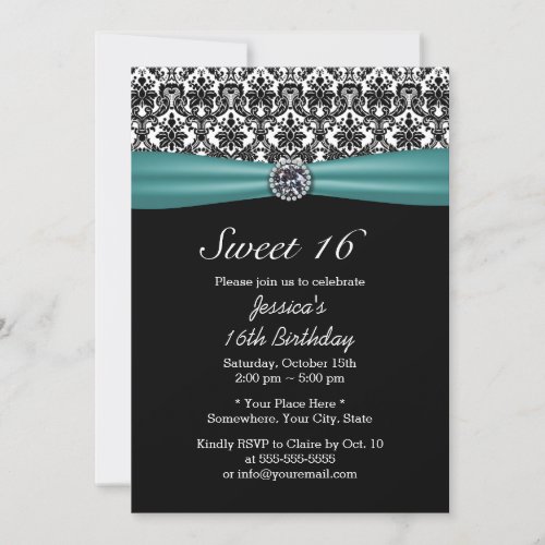 Teal Ribbon &amp; Damask Chic Diamond Sweet 16 5x7 Paper Invitation Card