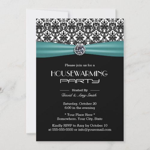 Teal Ribbon Elegant Damask Housewarming Party Invitation