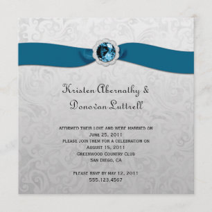 Teal Ribbon Gem Silver Post Wedding Invitation
