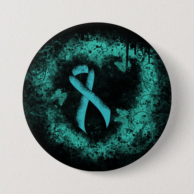 Teal  Ribbon Grunge Heart Button (Front)