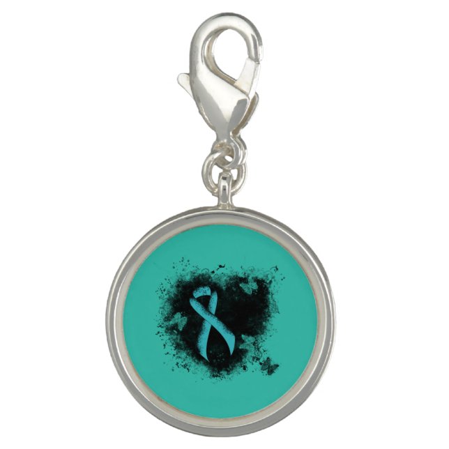 Teal  Ribbon Grunge Heart Charm (Front)