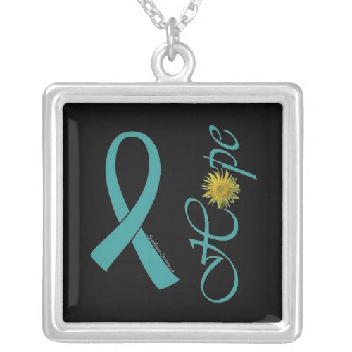 Teal Ribbon Hope Ovarian Cancer Silver Plated Necklace