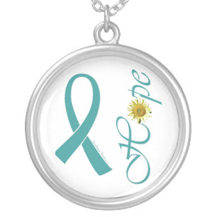 Teal Ribbon Hope Ovarian Cancer Silver Plated Necklace