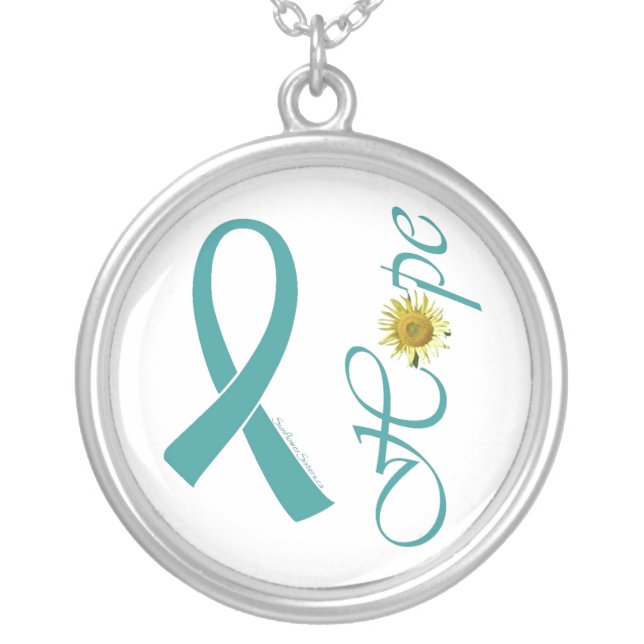 Teal Ribbon Hope Ovarian Cancer Silver Plated Necklace (Front)