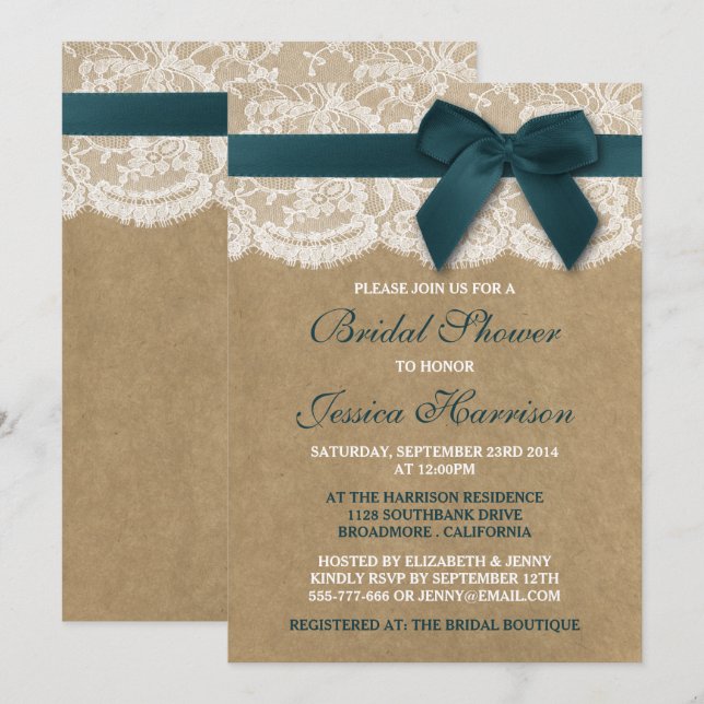 Teal Ribbon On Kraft & Lace Bridal Shower Invitation (Front/Back)