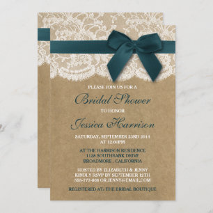 Teal Ribbon On Kraft & Lace Bridal Shower Invitation