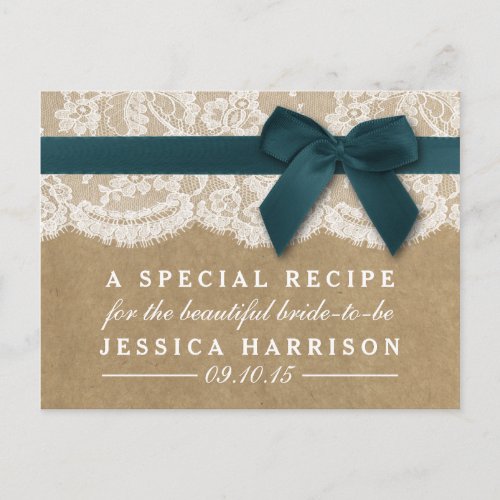 Teal Ribbon On Kraft  Lace Bridal Shower Recipe Invitation Postcard