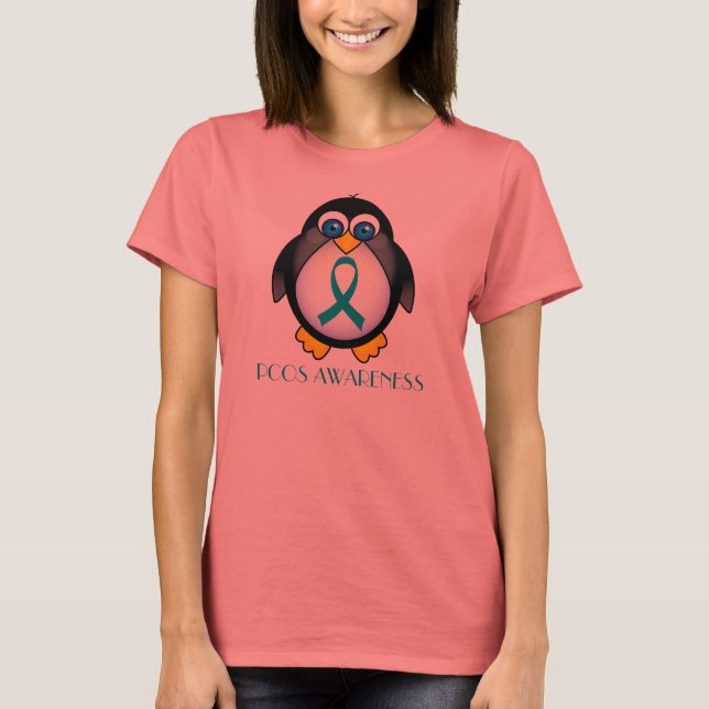 Teal Ribbon PCOS Penguin Womens Ringer Tee (Front)
