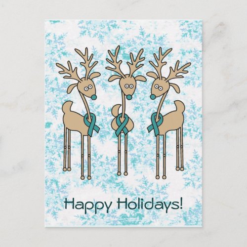 Teal Ribbon Reindeer _ Cervical Cancer Holiday Postcard