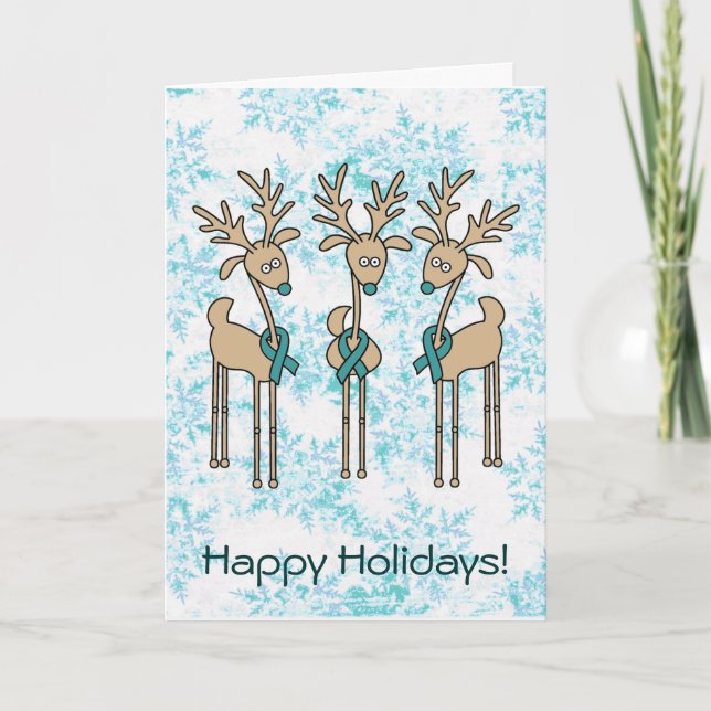 Teal Ribbon Reindeer Holiday Card (Front)