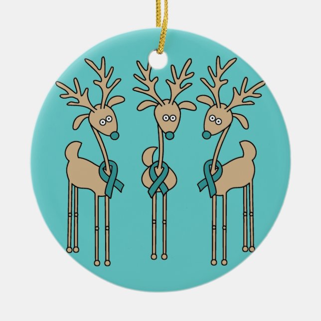 Teal Ribbon Reindeer (Ovarian Cancer) Ceramic Ornament (Front)