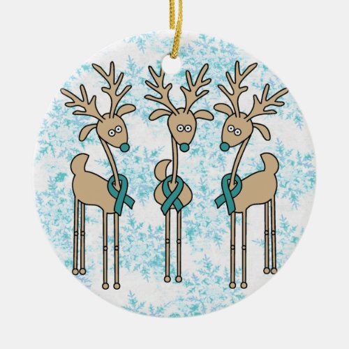 Teal Ribbon Reindeer Ovarian Cancer Ceramic Ornament