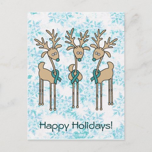 Teal Ribbon Reindeer Uterine Cancer Holiday Postcard