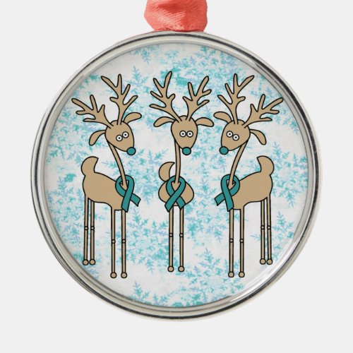 Teal Ribbon Reindeer Uterine Cancer Metal Ornament