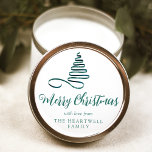 Teal Ribbon Tree Merry Christmas Script Classic Round Sticker<br><div class="desc">This modern holiday sticker features a teal ribbon Christmas tree above the words "Merry Christmas" in stylish teal calligraphy script. Personalize it with your family's name in serif font.</div>