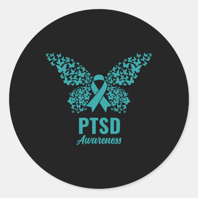 Ptds Ribbon Teal Ribbon With Butterflies- Ptsd Awareness Classic Round Sticker | Zazzle