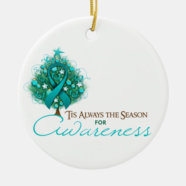 Teal Ribbon Xmas Awareness Season Ceramic Ornament (Front)