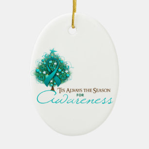 Teal Ribbon Xmas Awareness Season Ceramic Ornament