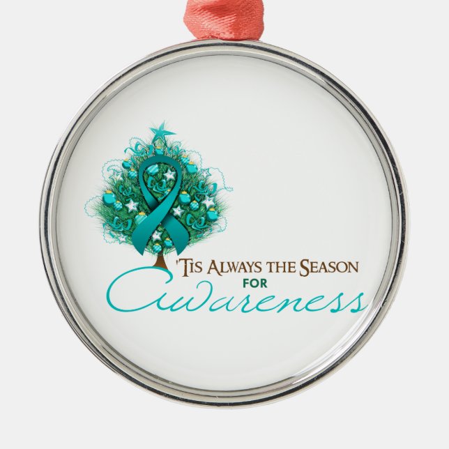 Teal Ribbon Xmas Awareness Season Metal Ornament (Front)